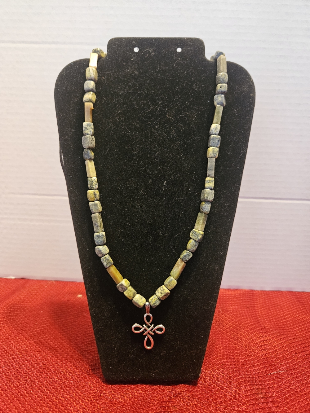Green Beaded Cross Pendant Necklace - Handmade